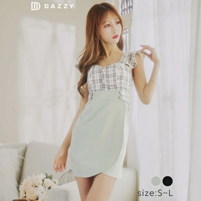 dazzy store(デイジーストア)のキャバ ドレス チェック ツイード フリル ショルダー タイト ミニドレス レディースのフォーマル/ドレス(ナイトドレス)の商品写真