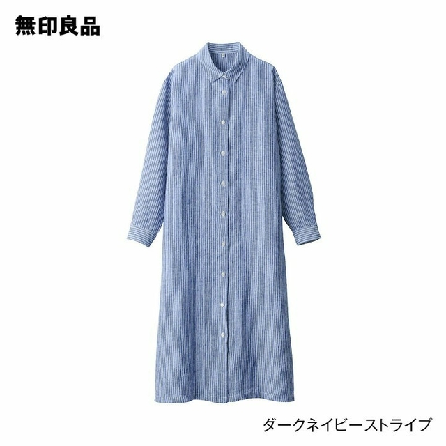 MUJI (無印良品)(ムジルシリョウヒン)の新品）無印良品リネン洗いざらし長袖シャツワンピース／ダークネイビーストライプ／Ｍ レディースのワンピース(ひざ丈ワンピース)の商品写真