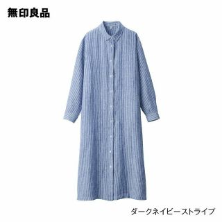 ムジルシリョウヒン(MUJI (無印良品))の新品）無印良品リネン洗いざらし長袖シャツワンピース／ダークネイビーストライプ／Ｍ(ひざ丈ワンピース)