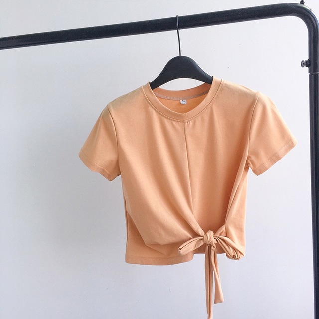 【新品】Tシャツ　半そで　無地　リボン　オレンジ　春　夏　秋 レディースのトップス(Tシャツ(半袖/袖なし))の商品写真