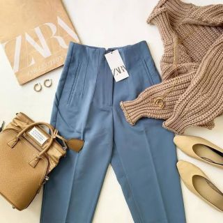 ZARA ハイウエストパンツ　パウダーブルーS