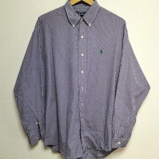 ラルフローレン　刺繍ロゴ　白紫チェック長袖BDシャツビッグサイズゆるだぼ　L