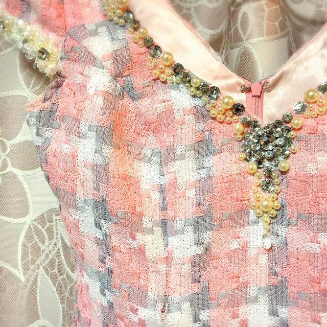 コーラルピンクチェックドレス レディースのフォーマル/ドレス(ミニドレス)の商品写真