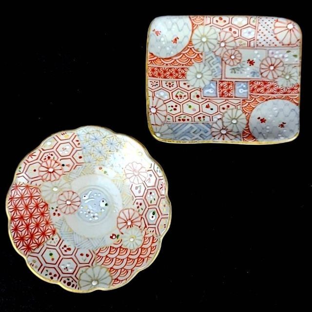 ☆ 美品 ◇ 原依子さん 作家物 花小紋 3寸豆皿 角皿 2枚 京焼 清水焼