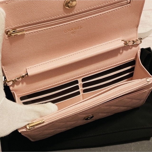 最新作 CHANEL シャネル チェーンウォレット キャビアスキン ピンク
