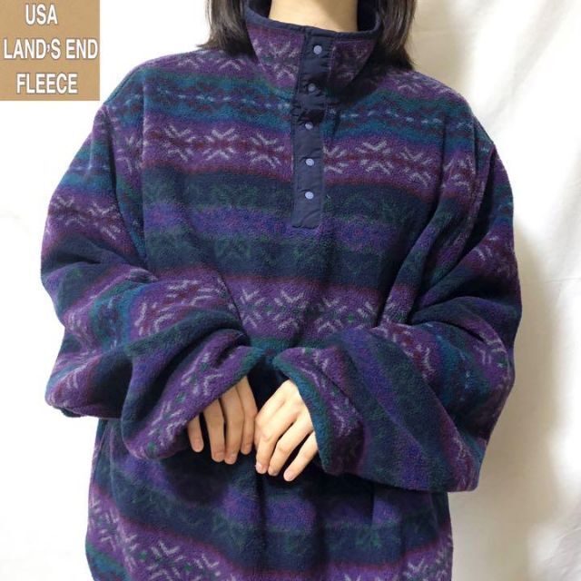 USA製 LANDS END / ランズエンド フリース 総柄90ｓネイティブ