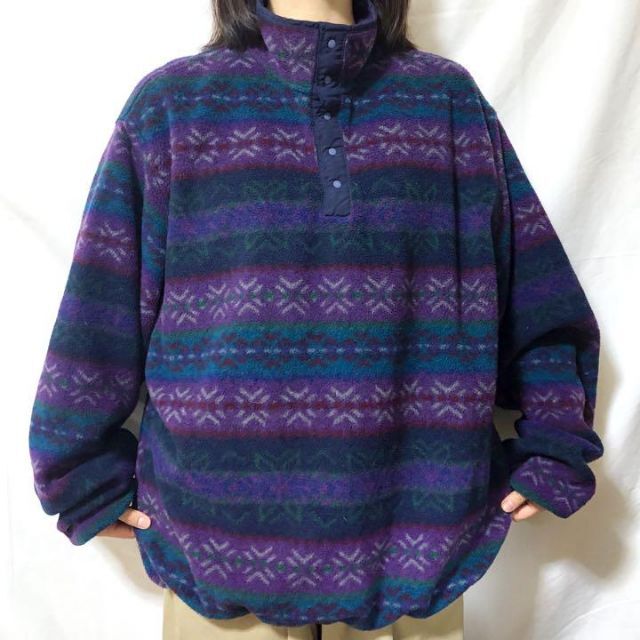USA製 ランズエンド 総柄フリース 90s 希少 ハーフボタン 古着 be9