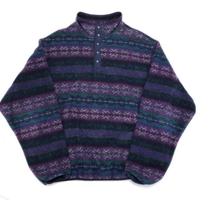 USA製 ランズエンド 総柄フリース 90s 希少 ハーフボタン 古着 be9