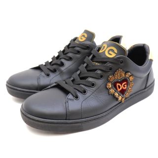 ドルチェアンドガッバーナ(DOLCE&GABBANA)の美品 ドルチェアンドガッバーナ DGロゴ ハートワッペン レザー スニーカー メンズ 黒 44 DOLCE&GABBANA(スニーカー)