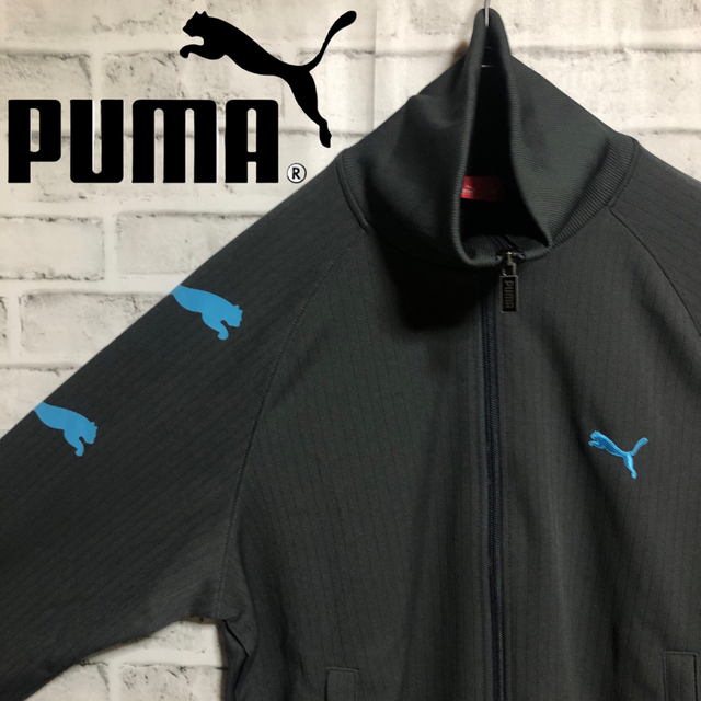 PUMA⭐️トラックジャケット M プーマ刺繍ロゴ ビンテージ　グレー×ブルー