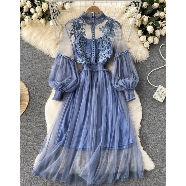 レースワンピース🎀S/M/L🎀プリーツ🎀結婚式🎀韓国洋服 レディースのワンピース(ロングワンピース/マキシワンピース)の商品写真