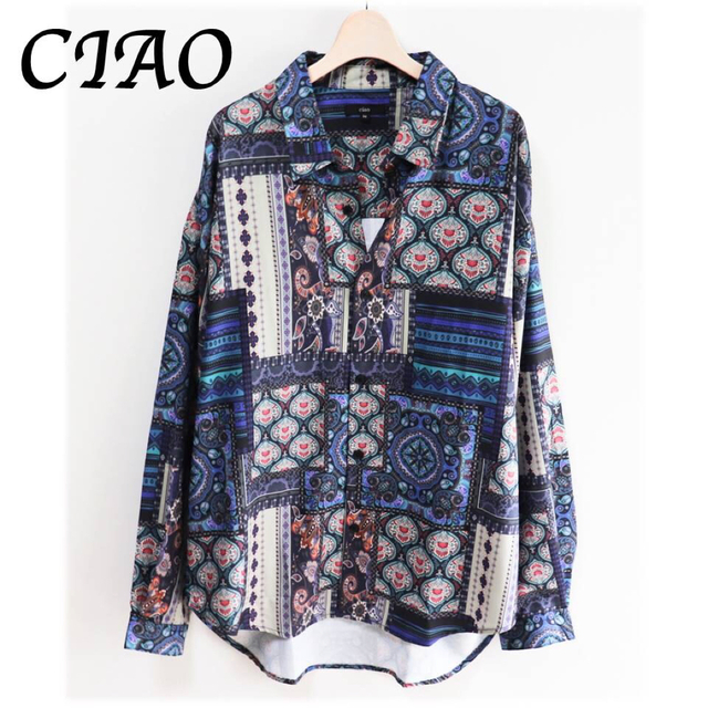 《CIAO》新品 伸縮性あり 上品ペイズリー総柄とろみシャツ オーバーサイズ M