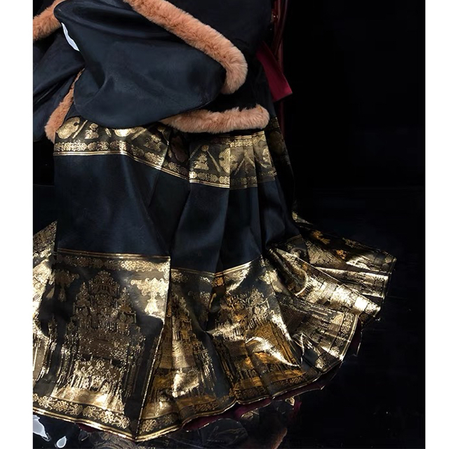 黄金灯籠　織錦馬面裙　黒金色ロングスカート　明製漢服　中国伝統衣装　着物　西陣織 1