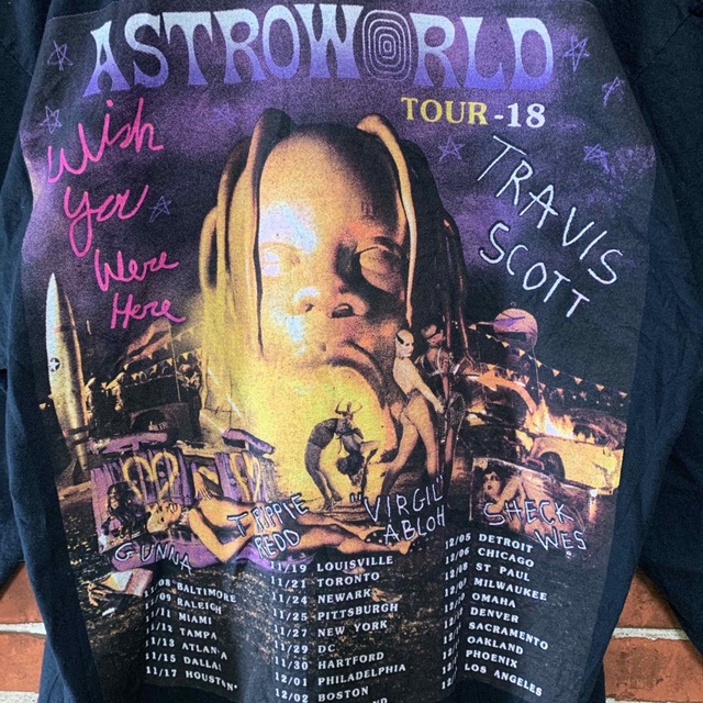 柄デザインプリント希少 Travis Scott ASTROWORLD USA TOUR ロンT