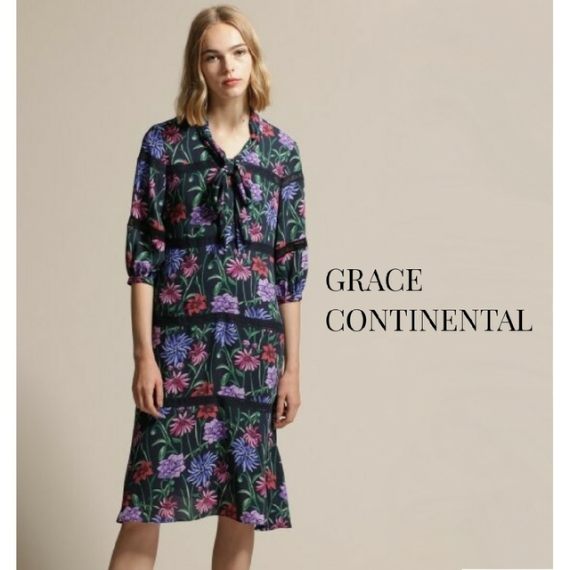 GRACE CONTINENTAL(グレースコンチネンタル)のGRACE CONTINENTAL フラワープリントレースボーダワンピース レディースのワンピース(ひざ丈ワンピース)の商品写真