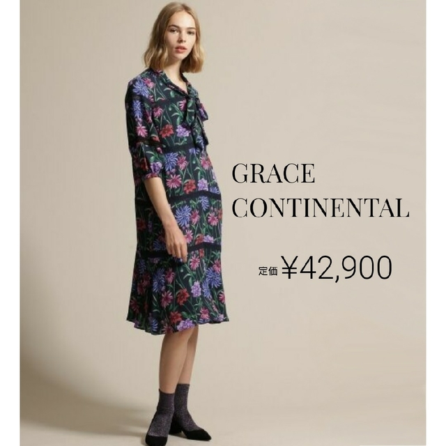 GRACE CONTINENTAL(グレースコンチネンタル)のGRACE CONTINENTAL フラワープリントレースボーダワンピース レディースのワンピース(ひざ丈ワンピース)の商品写真