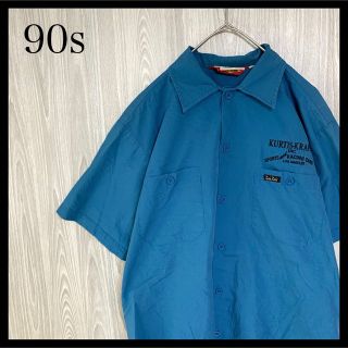 アメリカ古着 半袖ワークシャツワンポイント刺繍ロゴバックプリント90s企業物(シャツ)