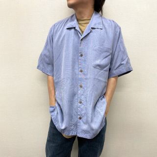 US古着 Tommy Bahama 開襟 シルク シャツ 半袖 ヤシの木柄 刺繍 サイズ：メンズ L ブルーグレー系 【中古】(シャツ)