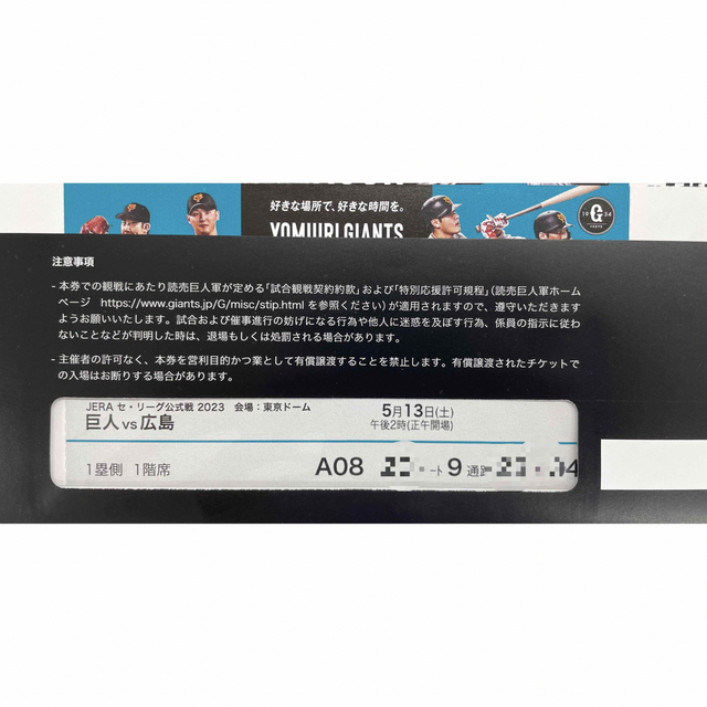 即発送☆ 5月13日（土） 巨人対広島 内野指定 通路側 良席ペアチケット