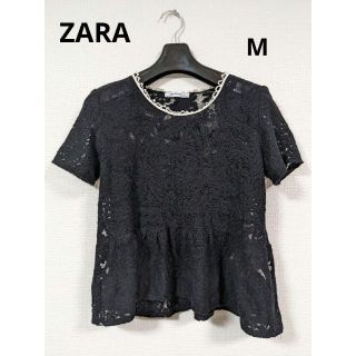 ザラ(ZARA)のZARA ブラック 花柄 レース フリル ペプラム トップス M(カットソー(半袖/袖なし))