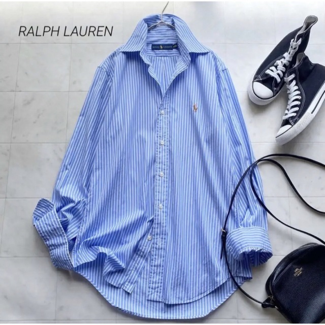 POLO RALPH LAUREN(ポロラルフローレン)のポロ ラルフローレン ポニー刺繍 ストライプ コットンシャツ ブルー 羽織り レディースのトップス(シャツ/ブラウス(長袖/七分))の商品写真
