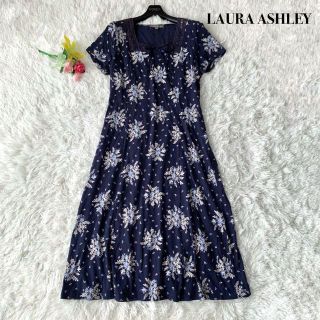 ローラアシュレイ(LAURA ASHLEY)の【美品】ローラアシュレイ ロング丈 ワンピース 花柄 レース ネイビー XL(ロングワンピース/マキシワンピース)