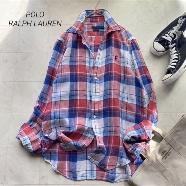 POLO RALPH LAUREN(ポロラルフローレン)のポロラルフローレン 麻 リネン100 リラックスフィット チェックシャツ 赤 レディースのトップス(シャツ/ブラウス(長袖/七分))の商品写真