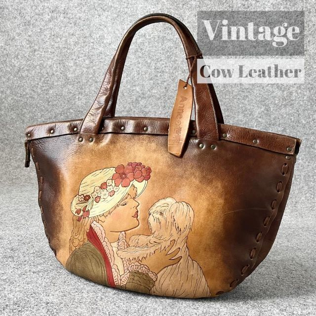 【vintage】リアルレザー 型押し ユニーク レトロ 絵画 トートバッグ