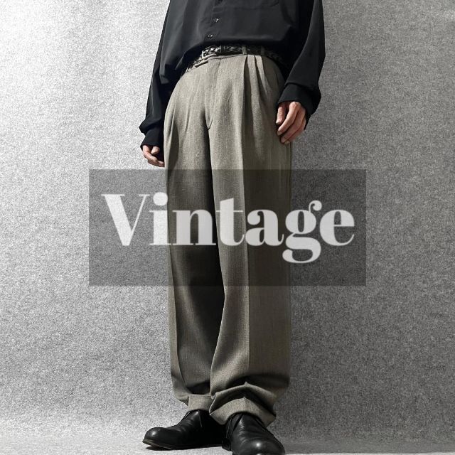 【vintage】バージンウール 3タック ワイド スラックス ヘリンボーン