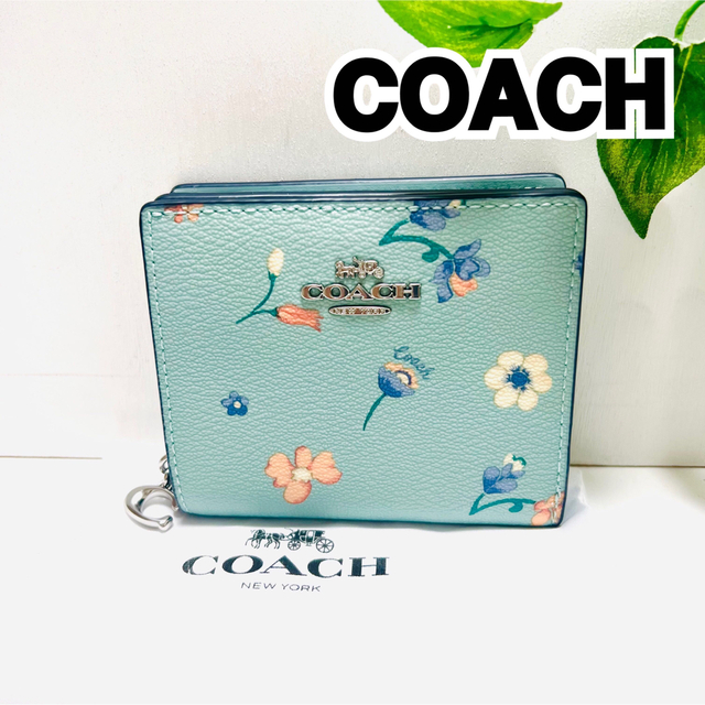 【美品】COACH ミニ 財布 ウォレット 二つ折り ブルー フラワー 花柄