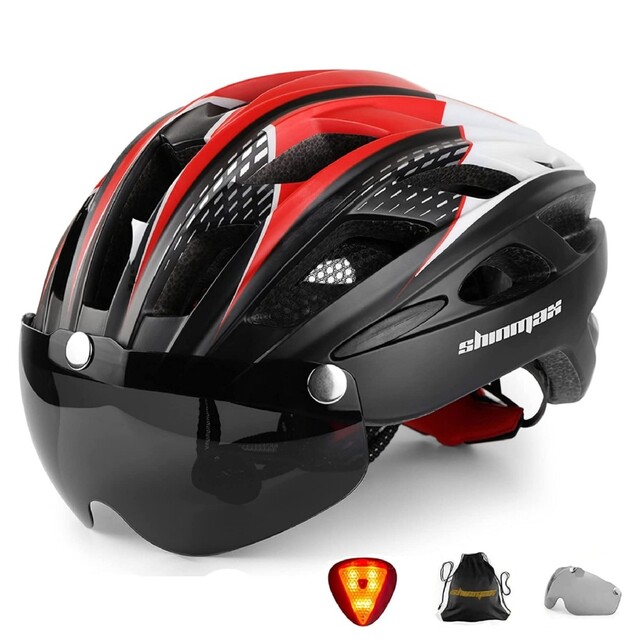 自転車 ヘルメット大人LEDライト磁気ゴーグル付ロードバイクヘルメット認定済み