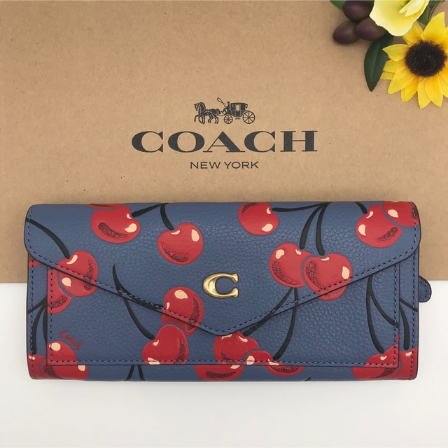 COACH ★大人気★ ウィンソフトウォレット チェリープリント ブルー 新品