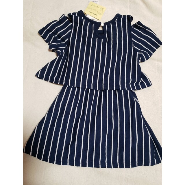 新品 キッズ 女の子 95 ワンピース 半袖 肩だし ボーダー キッズ/ベビー/マタニティのキッズ服女の子用(90cm~)(ワンピース)の商品写真