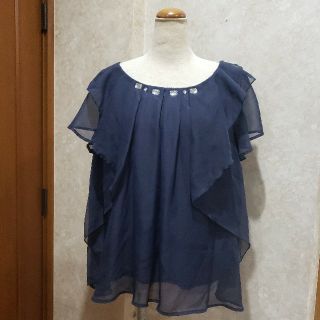 大きいサイズ3Lシフォンブラウス/フロントビジュー付き半袖ネイビー/匿名配送(シャツ/ブラウス(半袖/袖なし))