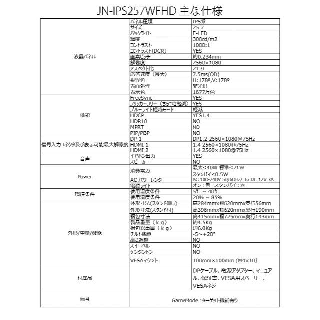 JAPANNEXT 25.7インチ ワイドFHD2560 x 1080 液晶モニ