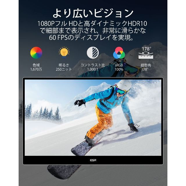 ESR モバイルモニター 15.6インチ 超薄型 1080P ラップトップ用キッ スマホ/家電/カメラのPC/タブレット(ディスプレイ)の商品写真