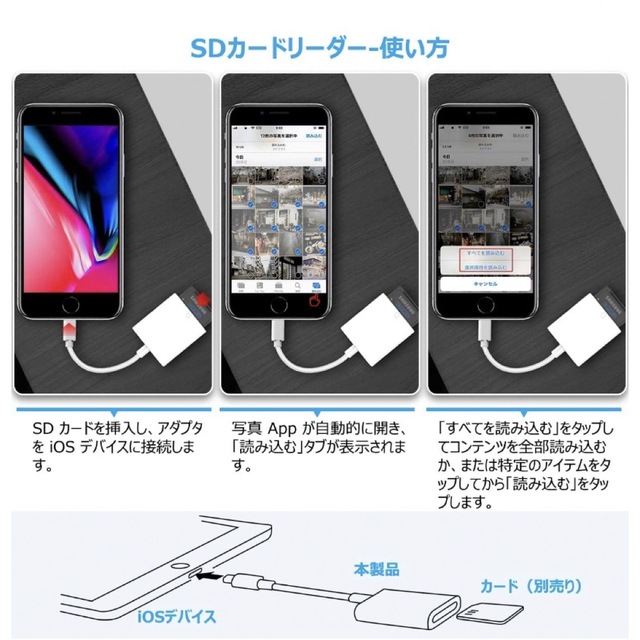 iPhone SDカードリーダー Flashair不要 データ転送 純正品同様  スマホ/家電/カメラのスマートフォン/携帯電話(その他)の商品写真