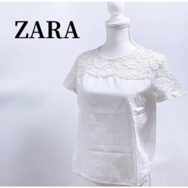 ZARA(ザラ)のZARAザラ花柄レース切替半袖ブラウスホワイト白Tシャツトップス人気 レディースのトップス(シャツ/ブラウス(半袖/袖なし))の商品写真