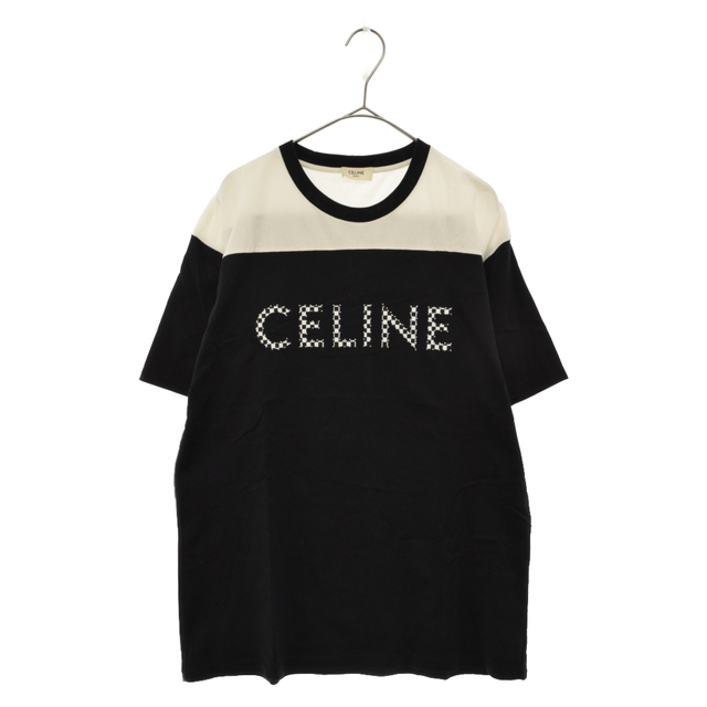 celine - CELINE セリーヌ 21AW CELINE by Hedi Slimane チェックプリントスタッズ付きバイカラールーズTシャツ 2X8395000 ブラック/ホワイト