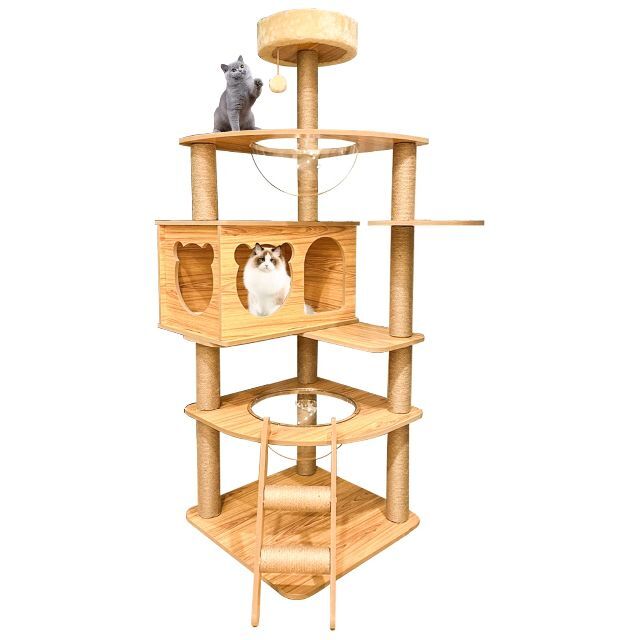 キャットタワー 木製 猫タワー 据え置き型 宇宙船ハンモック二つ付き