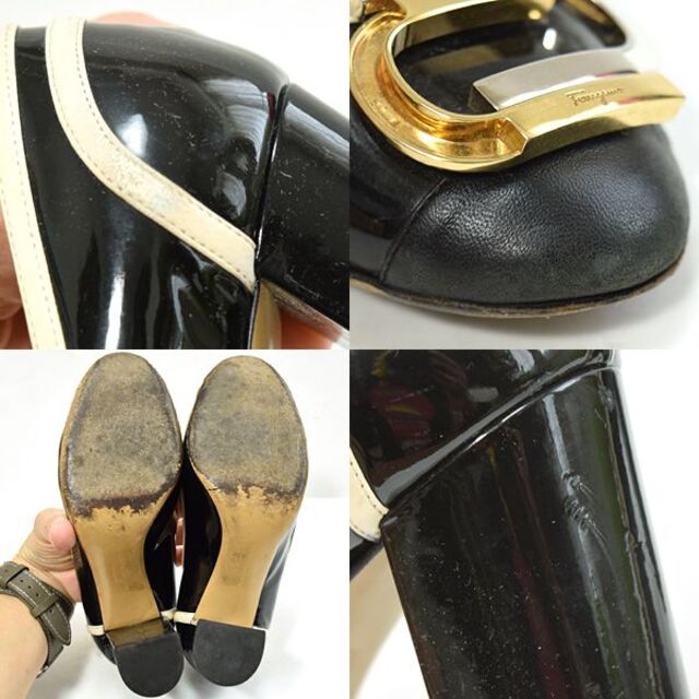 Salvatore Ferragamo(サルヴァトーレフェラガモ)のフェラガモ■希少　ロゴ金具エナメルパンプス 4（21cm）ラウンドトゥ黒 レディースの靴/シューズ(ハイヒール/パンプス)の商品写真