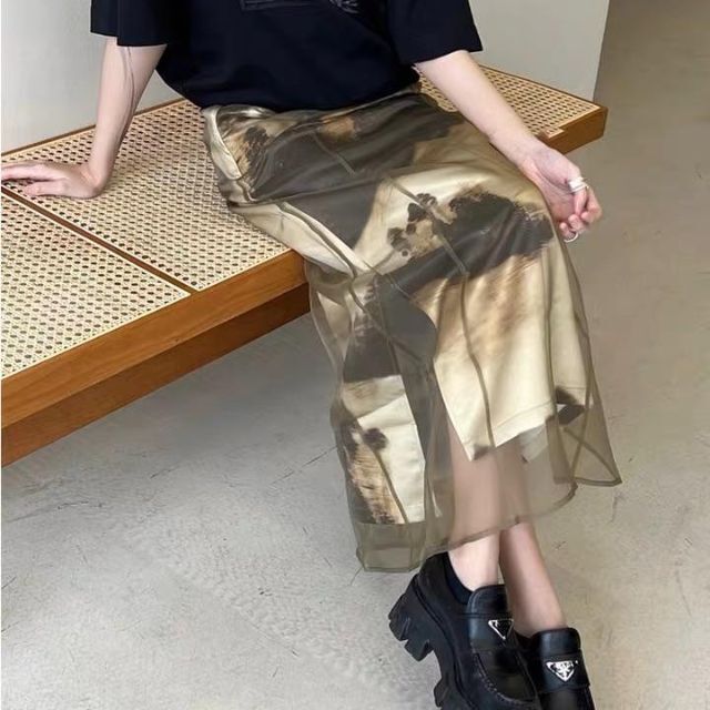 スカートwatercolor long skirt 水彩画 レイヤードロングスカート