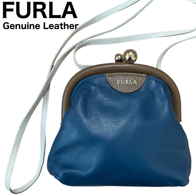 良品　FURLA がま口　ミニショルダー　ポシェット　ポーチ　本革　斜め掛け可バッグ