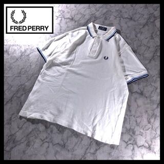 フレッドペリー(FRED PERRY)の90s 古着 フレッドペリー ライン ポロシャツ 英国製 白 ネイビー 刺繍ロゴ(ポロシャツ)