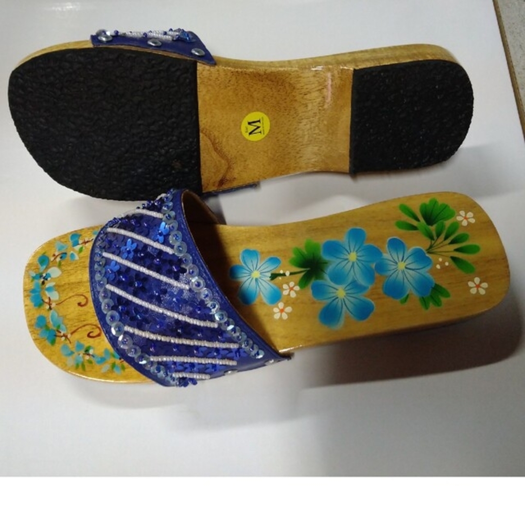 【未使用新品】リゾート風　トロピカルサンダル　ブルー　Mサイズ レディースの靴/シューズ(サンダル)の商品写真