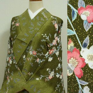 緑色のぼかしにあられ調と桜　洗える着物小紋(着物)