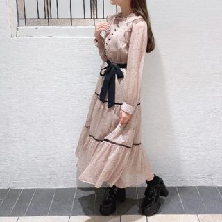 evelynニット×シフォンドッキングワンピ