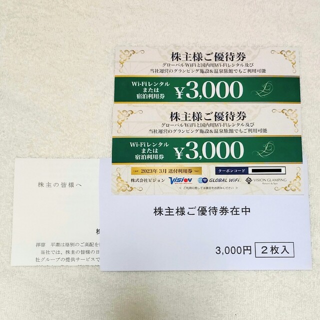 ビジョン グローバルWi-Fi 株主優待券 6000円分（3000円✕2枚） チケットの優待券/割引券(その他)の商品写真