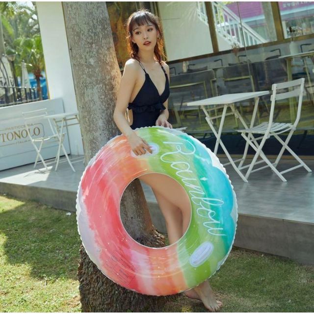 かわいい♡浮き輪 レインボー 90サイズ  プール 海水浴 ドーナツ型 取っ手付
