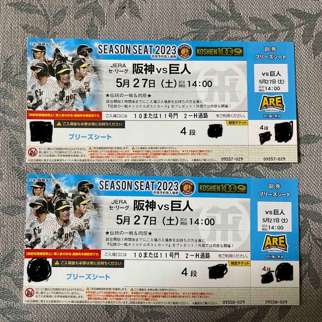 ペアチケット　阪神VS巨人